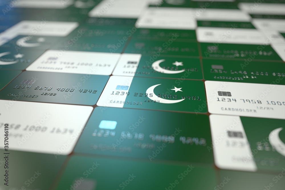 Flag of Pakistan on bank cards. National banking related 3D rendering Flag of Pakistan on bank cards. National banking related 3D rendering