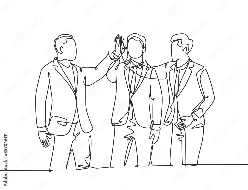 Fototapeta premium Single line drawing of young happy businessmen celebrate their successive business and giving high fives gesture. Business deal concept continuous line draw graphic design vector illustration