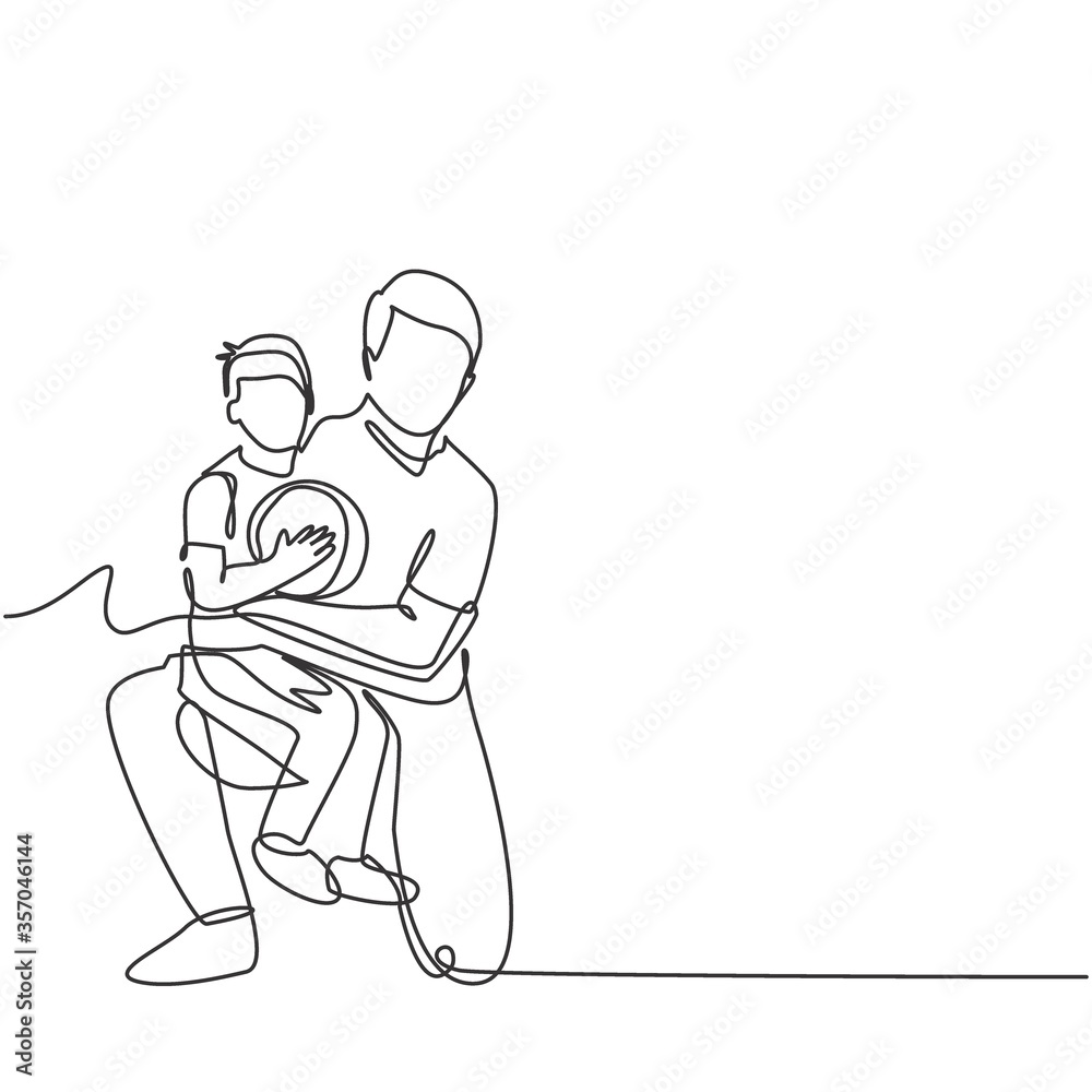 Single line drawing of young happy father hugging her child that carried a basket ball on basketball court. Parenting family concept. Modern continuous line draw design vector graphic illustration
