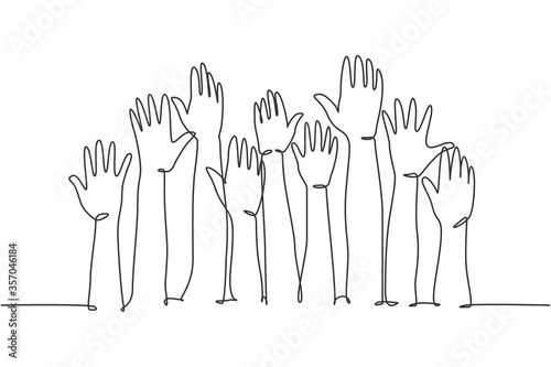 One single line drawing of group of people open up and raising their hands up into the air. Business team work concept. Modern continuous line draw design graphic vector illustration