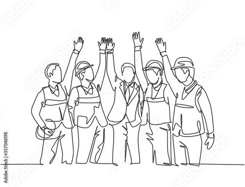 Single line drawing of construction workers and foreman with vest and helmet celebrate their successive build. Building construction concept. Continuous line draw graphic design vector illustration