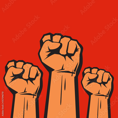Clenched fists raised in protest. Three human hands raised in the air. Vector illustration.