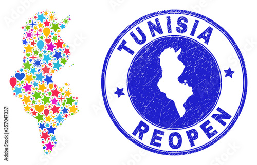 Celebrating Tunisia map collage and reopening corroded stamp seal. Vector collage Tunisia map is created with randomized stars, hearts, balloons. Rounded awry blue seal with corroded rubber texture.