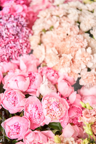 Floral carpet or Wallpaper. Background of mix of flowers. Beautiful flower for catalog or online store. Floral shop and delivery concept. Top view. Copy space