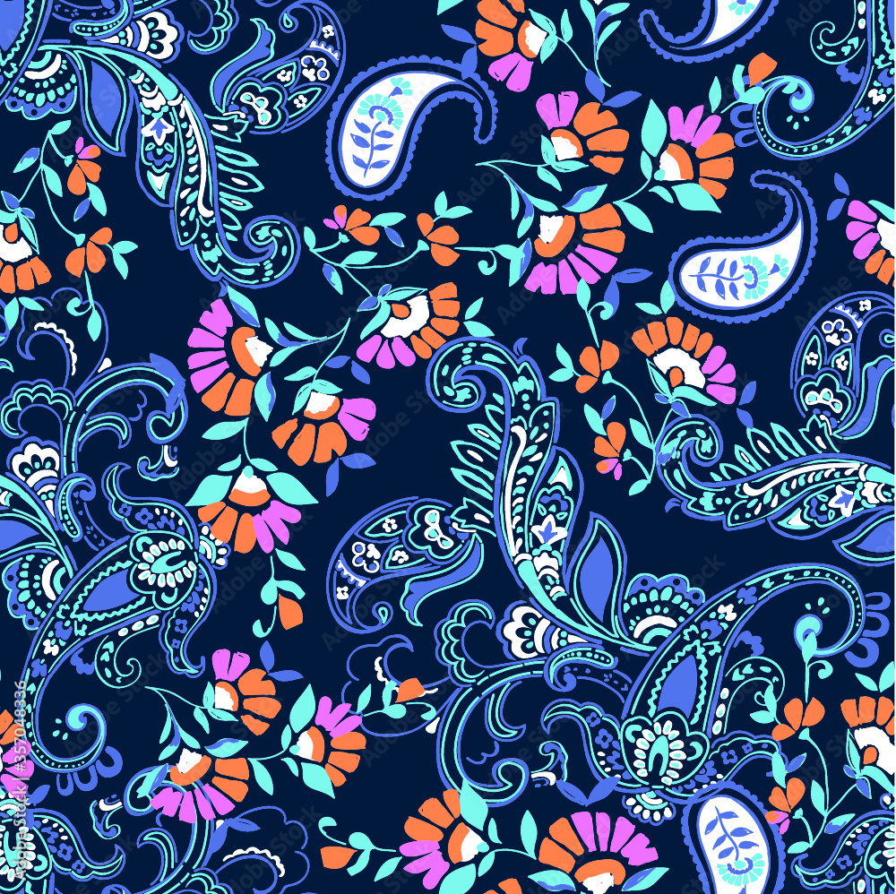 Naklejka premium beautiful hand drawn paisley with a mix of bright flowers - seamless vector background