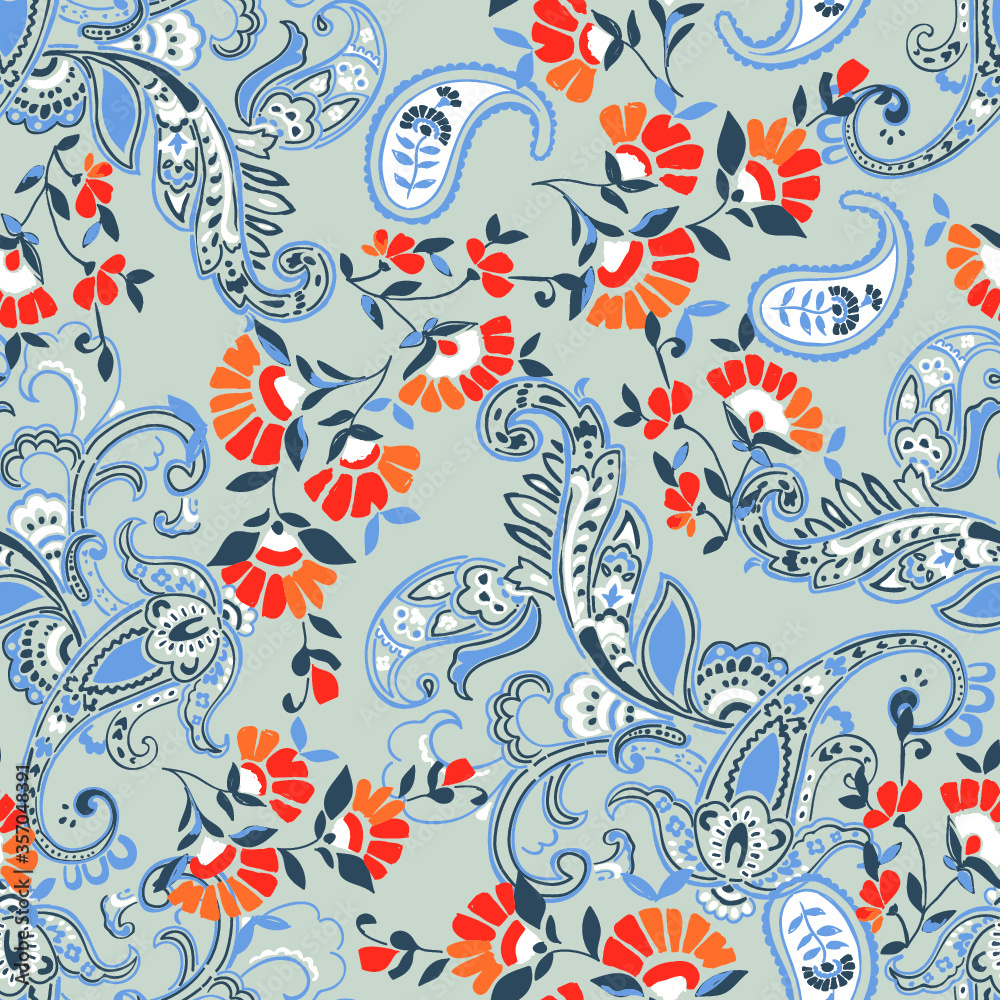 Bohemian paisley drawing, seamless floral pattern