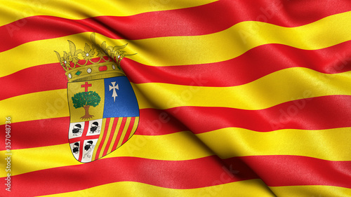 Flag of Aragon waving in the wind. 3D illustration.
