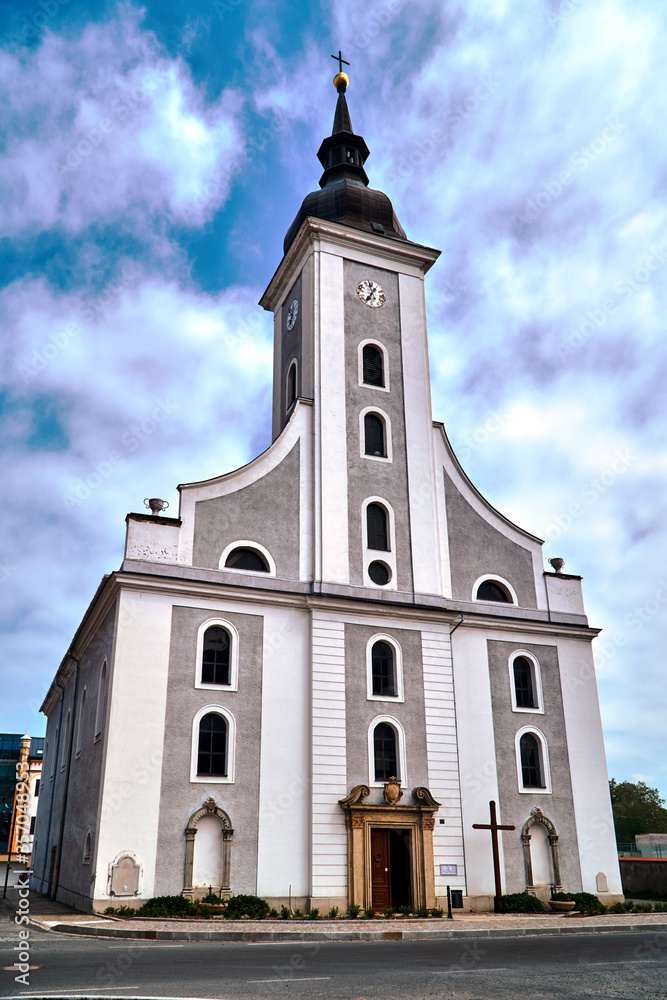 Fototapeta premium A historic church with a belfry in the city of Javornik in the Czech Republic.