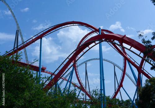 Roller coaster in a fun park. The most exciting attractions with loop the loop and free falls. 