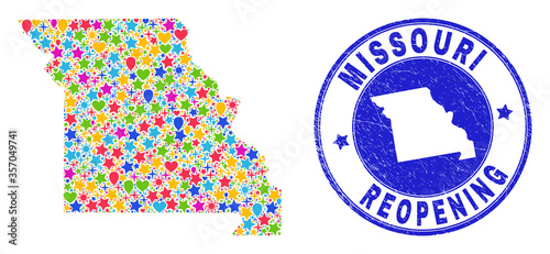 Celebrating Missouri State map collage and reopening grunge stamp. Vector collage Missouri State map is composed of randomized stars, hearts, balloons.