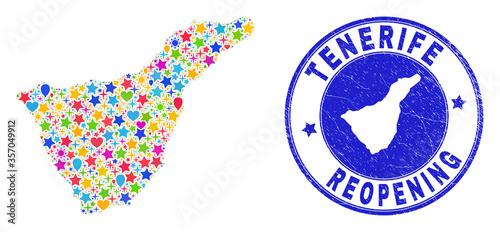 Celebrating Tenerife map mosaic and reopening corroded watermark. Vector mosaic Tenerife map is composed with randomized stars, hearts, balloons.