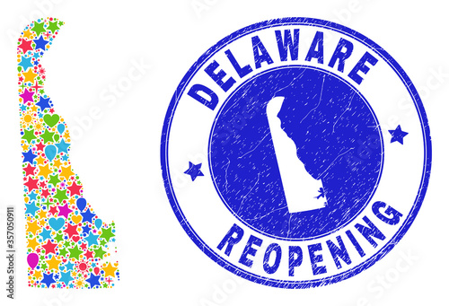 Celebrating Delaware State map mosaic and reopening rubber seal. Vector mosaic Delaware State map is made of random stars, hearts, balloons.