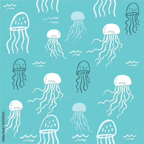 seamless hand drawn doodle jellyfish pattern. Blue and white ocean vector pattern.