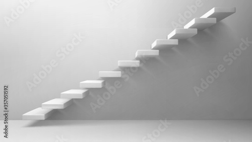 3d stairs, white staircase on blank wall background. Way to business success, career ladder, architecture construction for building interior or exterior decoration. Realistic vector illustration