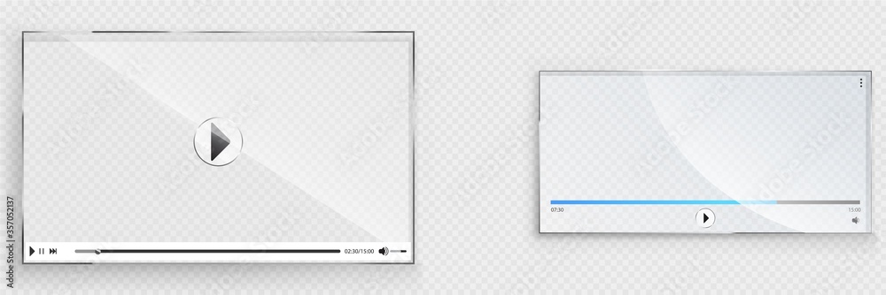 Glass video player interface, transparent window with play, rewind,stop ...