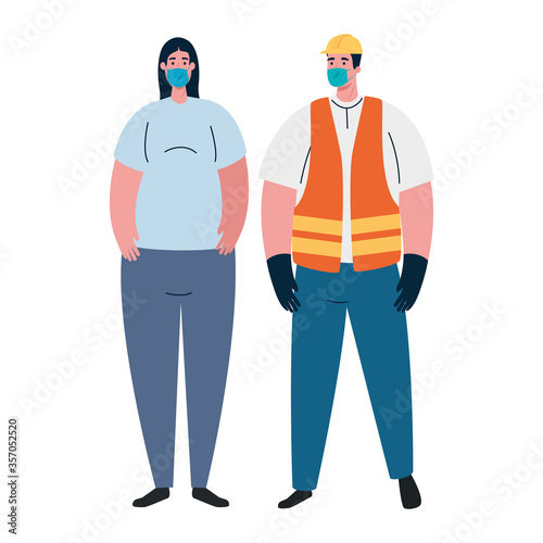 male constructer and woman with masks design, Workers occupation and job theme Vector illustration