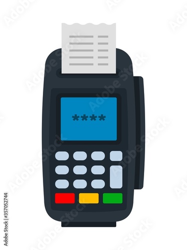 Electronic terminal with a check, a device for receiving cashless payments flat icon vector isolated