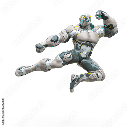 futuristic astronaut is doing a jump kick in white background