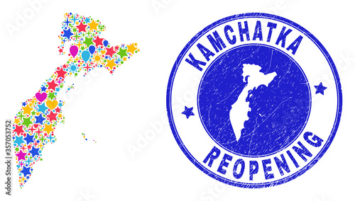 Celebrating Kamchatka map mosaic and reopening corroded seal. Vector mosaic Kamchatka map is done with randomized stars, hearts, balloons. Rounded awry blue seal with corroded rubber texture.