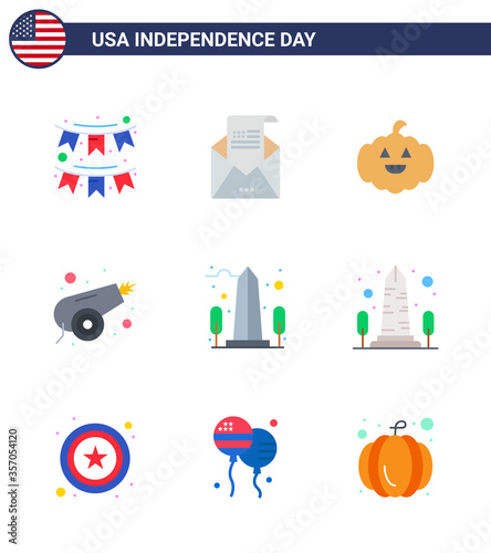 Editable Vector Line Pack of USA Day 9 Simple Flats of landmark; war; invitation; canon; usa photo