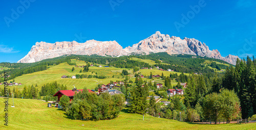 Panoramic view of magical Dolomite peaks in Fanes-Sennes-Braies natural park at South Tyrol  Italy  blue sky  wide angle