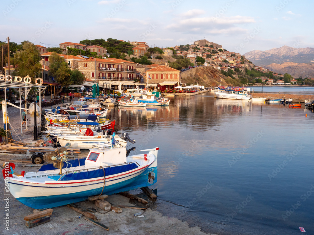 Harbor in Molyvos - fishing village on Lesbos island, Greece