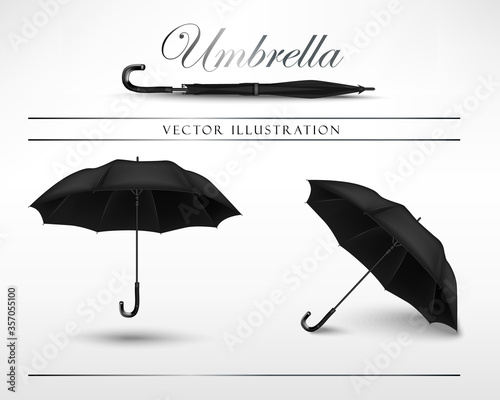 black umbrella vector illustration open and close. Different angles template
