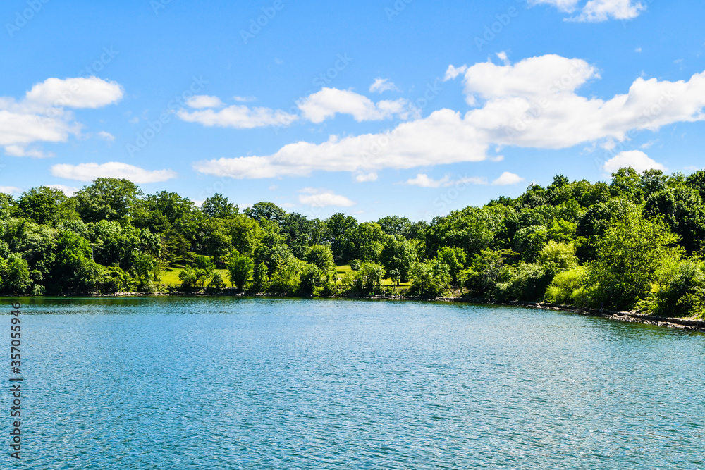 Landscape of lake and woods with blue sky and puffy clouds