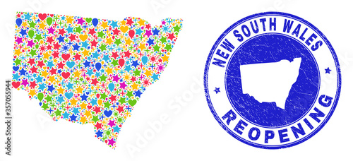 Celebrating New South Wales map mosaic and reopening scratched watermark. Vector mosaic New South Wales map is composed of randomized stars, hearts, balloons.