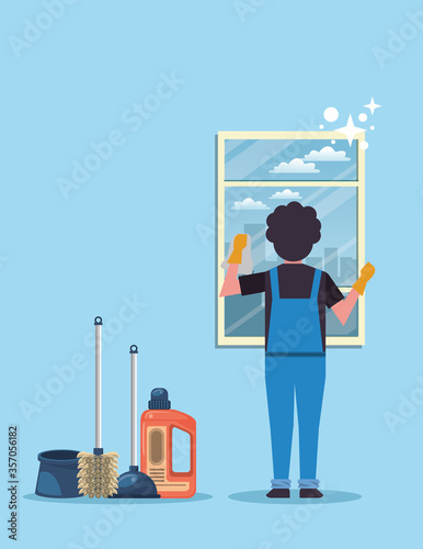 man working with housekeeping tools disinfect your house