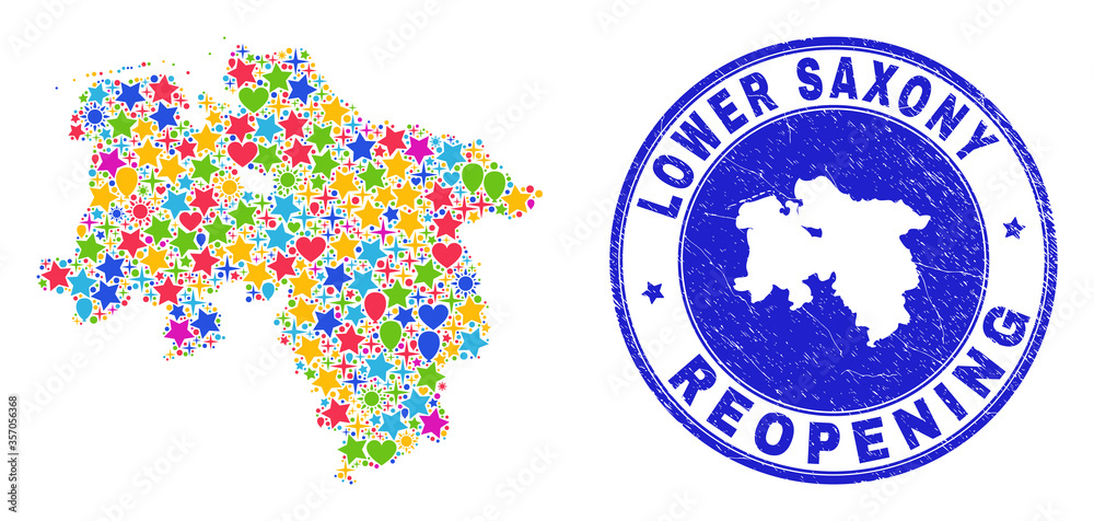 Celebrating Lower Saxony Land map collage and reopening dirty stamp seal. Vector collage Lower Saxony Land map is done with random stars, hearts, balloons.