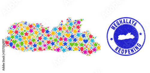 Celebrating Meghalaya State map collage and reopening rubber seal. Vector collage Meghalaya State map is created of scattered stars, hearts, balloons.