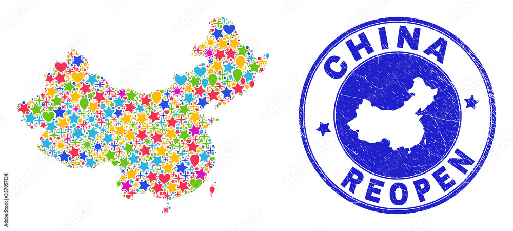 Celebrating China map collage and reopening rubber seal. Vector collage China map is composed of random stars, hearts, balloons. Rounded wry blue stamp imprint with unclean rubber texture.