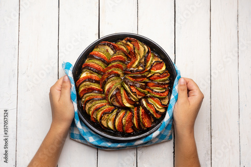 Fotografía French baked ratatouille on white background