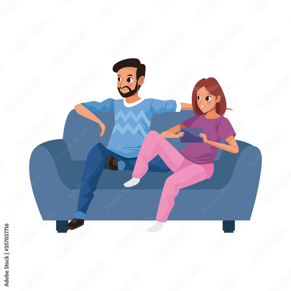 young couple seated in sofa avatars characters young couple seated in sofa avatars characters