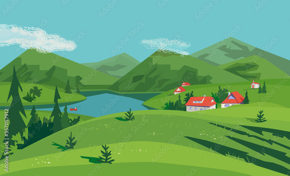 Mountain valley village landscape poster