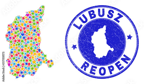 Celebrating Lubusz Voivodeship map collage and reopening grunge stamp seal. Vector collage Lubusz Voivodeship map is formed with scattered stars, hearts, balloons.