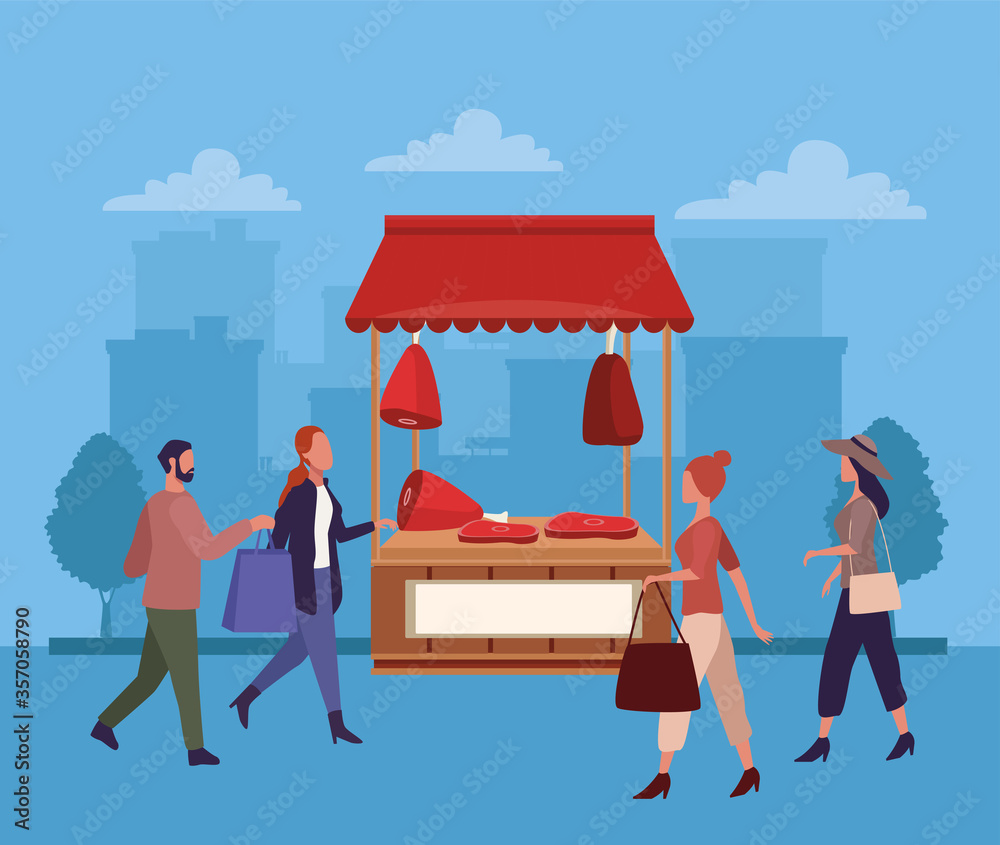 young couple shopping meat activity characters young couple shopping meat activity characters
