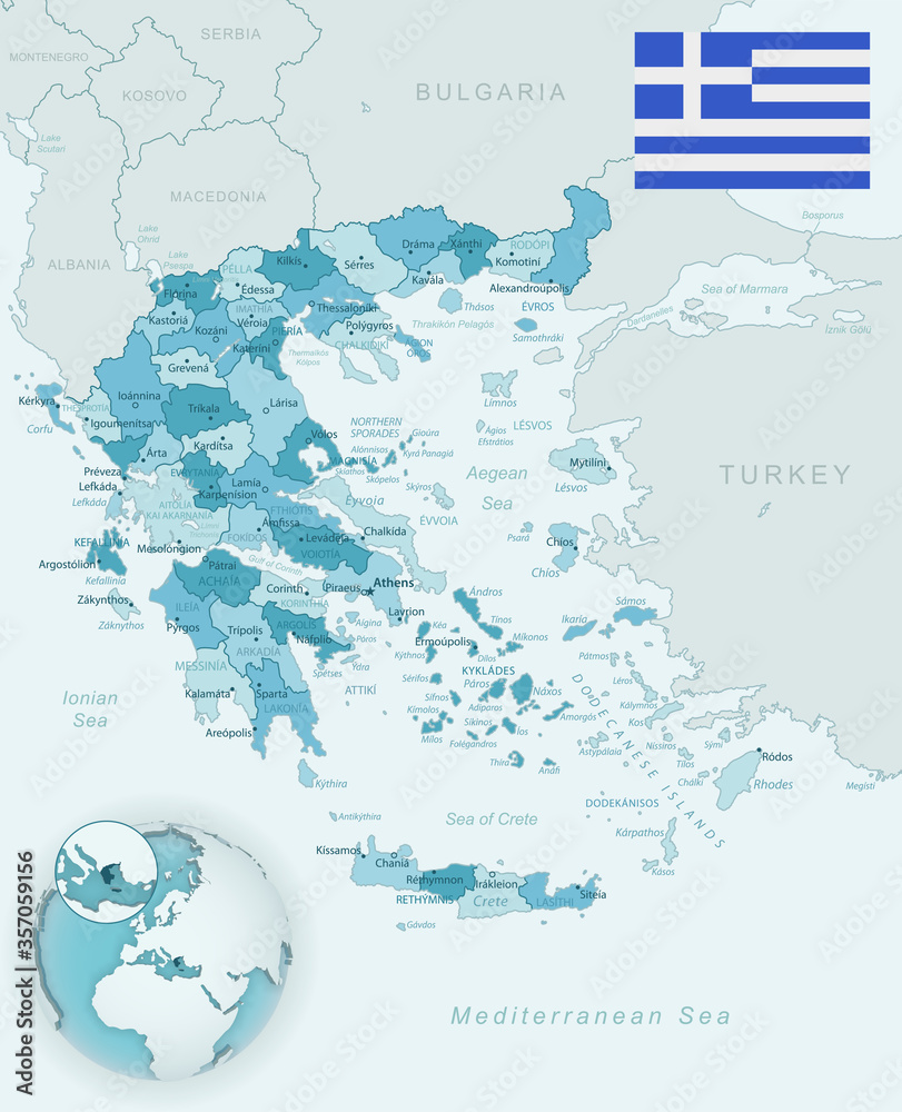Blue-green detailed map of Greece administrative divisions with country flag and location on the globe.