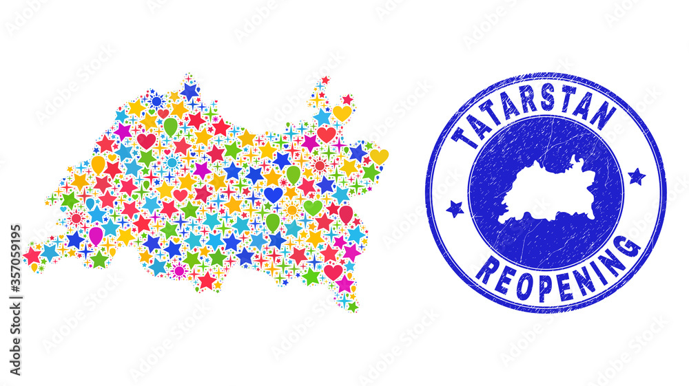 Celebrating Tatarstan map mosaic and reopening rubber watermark. Vector mosaic Tatarstan map is created with randomized stars, hearts, balloons.
