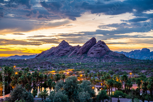 The red sandstone buttes of Papago Park in Arizona after sunset. photo
