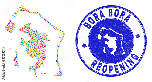 Celebrating Bora-Bora map mosaic and reopening dirty seal. Vector mosaic Bora-Bora map is organized of randomized stars, hearts, balloons. Rounded rough blue seal with distress rubber texture.