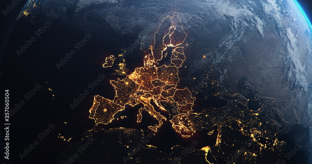 Planet Earth from Space European Union Countries highlighted orange glow, 2020 political borders and counties, city lights, 3d illustration, elements of this image courtesy of NASA