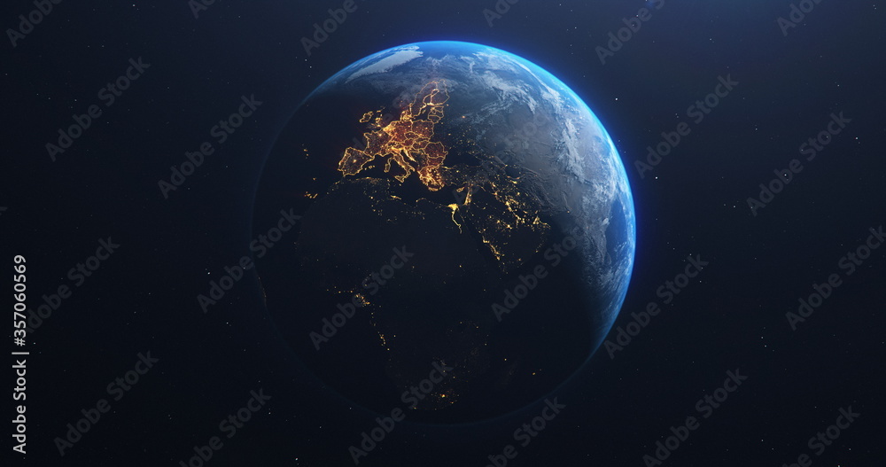 Planet Earth from Space European Union Countries highlighted orange glow, 2020 political borders and counties, city lights, 3d illustration, elements of this image courtesy of NASA