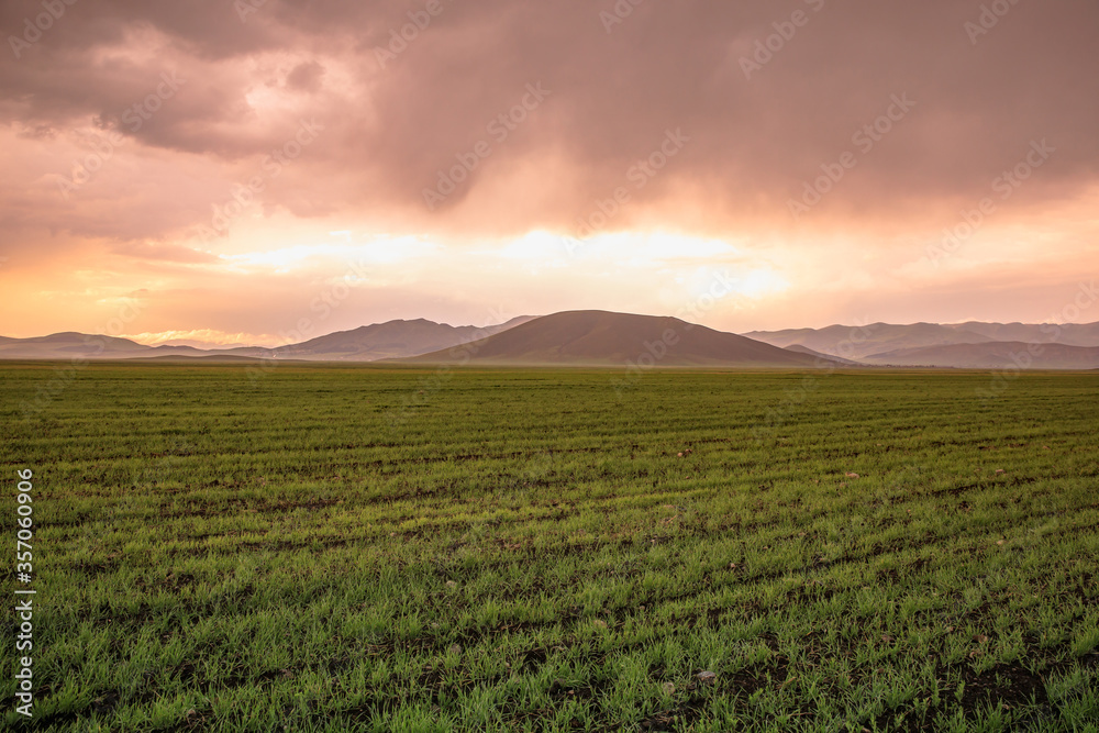 Sunset with mountains and field