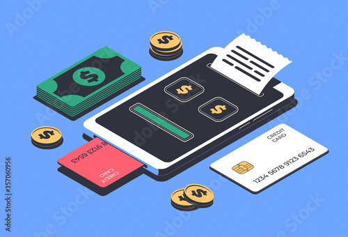 Online payment concept. Financial transactions, mobile payment. Isometric Smartphone, money and credit card. Vector illustration