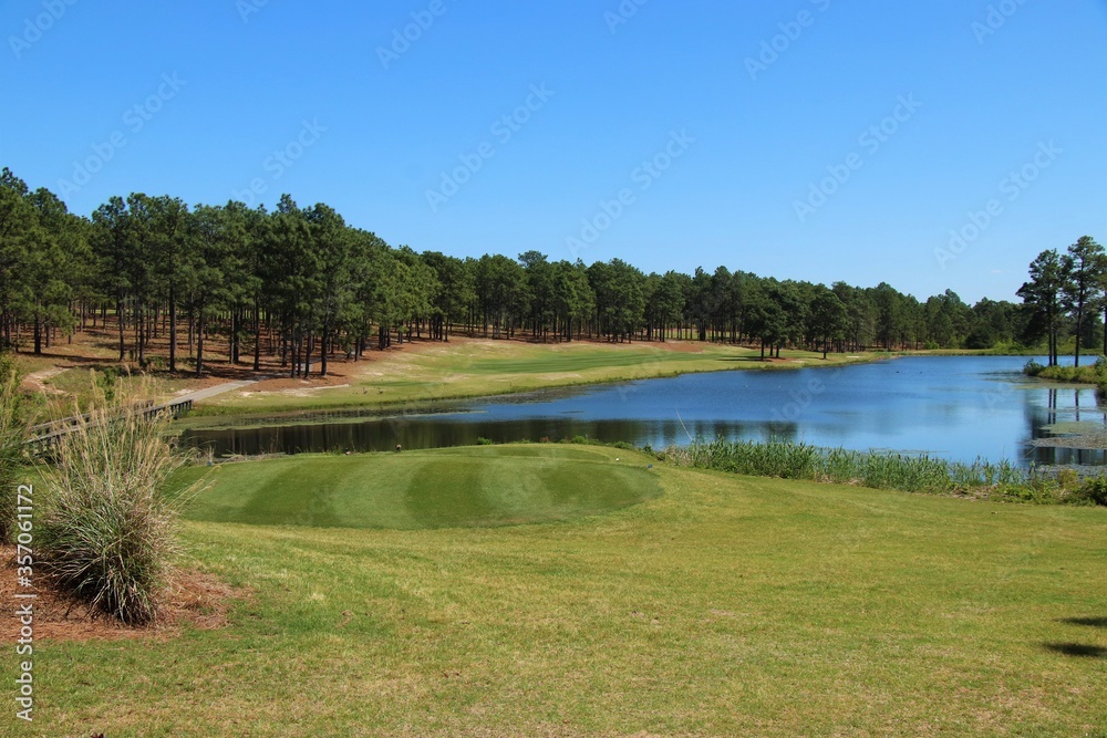 Lake on a golf course green surrounded by trees