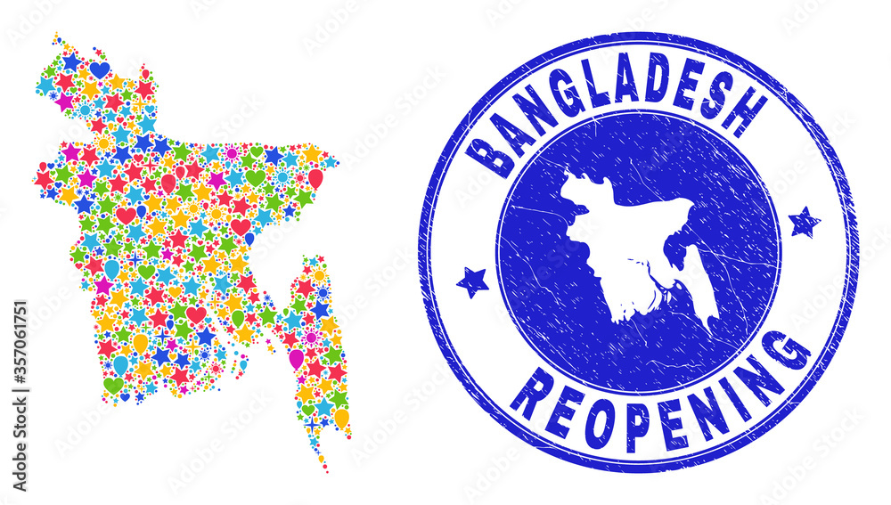 Celebrating Bangladesh map mosaic and reopening unclean seal. Vector mosaic Bangladesh map is organized of randomized stars, hearts, balloons. Rounded rough blue seal with unclean rubber texture. Celebrating Bangladesh map mosaic and reopening unclean seal. Vector mosaic Bangladesh map is organized of randomized stars, hearts, balloons. Rounded rough blue seal with unclean rubber texture.