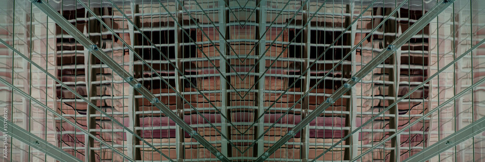 underside panoramic and perspective view to steel glass high rise building skyscrapers, business concept of successful industrial architecture