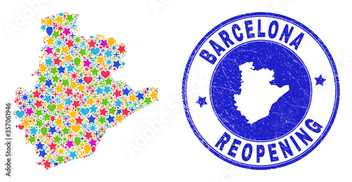 Celebrating Barcelona Province map collage and reopening grunge stamp seal. Vector collage Barcelona Province map is constructed of random stars, hearts, balloons.